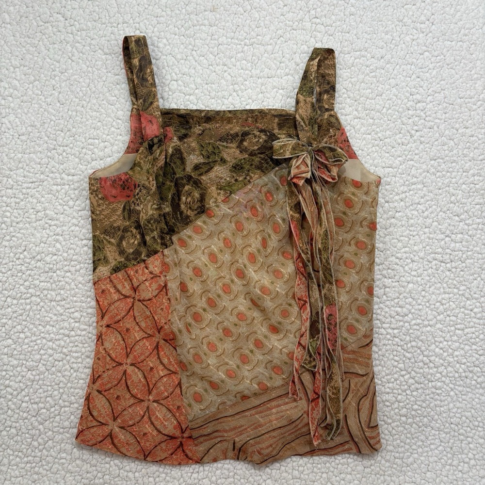 Bandolino Tank Top Size 4 Patchwork Fairy Boho Festival Bow Cowl Neck Mix Print